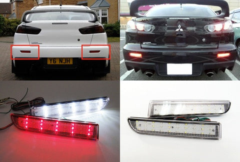 2x LED Bumper Reflector Clear lens Tail Brake Light Red Backup lamp White 2008+ Mitsubishi Lancer EVO X