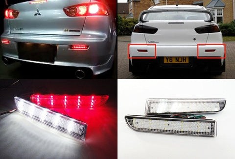 2x LED Bumper Reflector Clear lens Tail Brake Light Red Backup lamp White 2008+ Mitsubishi Lancer EVO X