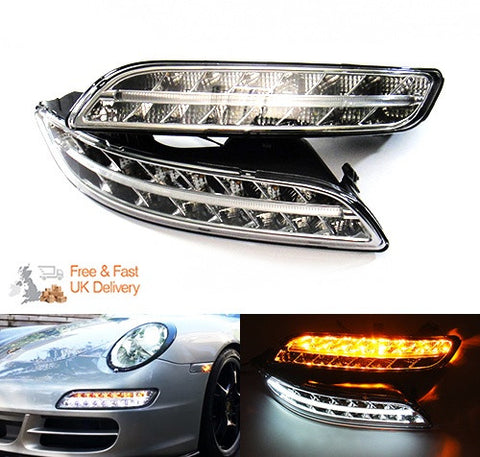 LED Daytime Running Light Fog Sidelight White Amber Turn Signal Indicator Kit Chrome Clear Porsche 997 Gen1