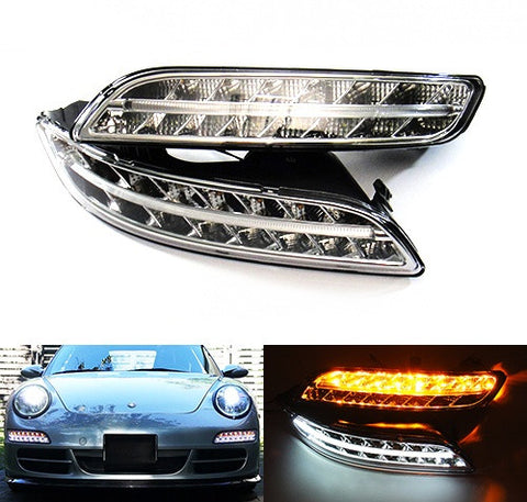 LED Daytime Running Light Fog Sidelight White Amber Turn Signal Indicator Kit Chrome Clear Porsche 997 Gen1