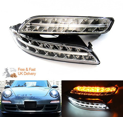LED Daytime Running Light Fog Sidelight White Amber Turn Signal Indicator Kit Chrome Clear Porsche 997 Gen1