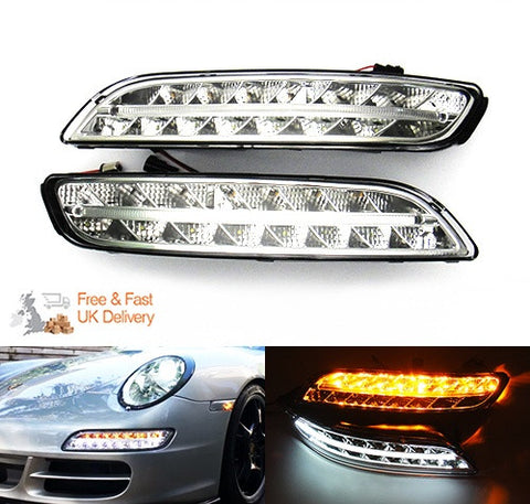 LED Daytime Running Light Fog Sidelight White Amber Turn Signal Indicator Kit Chrome Clear Porsche 997 Gen1