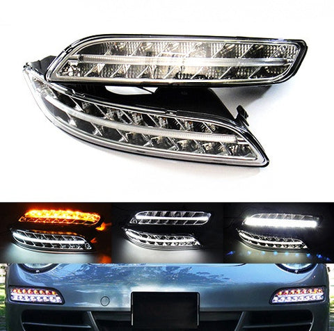 LED Daytime Running Light Fog Sidelight White Amber Turn Signal Indicator Kit Chrome Clear Porsche 997 Gen1