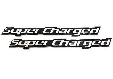 2x SUPERCHARGED aluminium emblem badge sticker chrome ~13x1.2cm