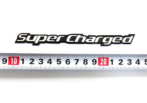 2x SUPERCHARGED aluminium emblem badge sticker chrome ~13x1.2cm