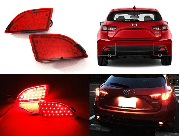 2x LED Bumper Reflector Assembly Red lens Tail Brake Light Red 2014-up Axela Mazda 3 Hatchback 5D
