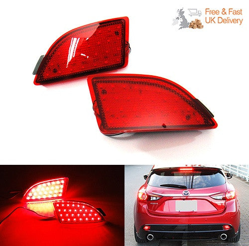 2x LED Bumper Reflector Assembly Red lens Tail Brake Light Red 2014-up Axela Mazda 3 Hatchback 5D