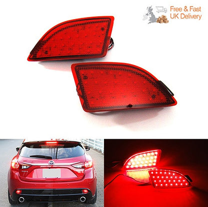 2x LED Bumper Reflector Assembly Red lens Tail Brake Light Red 2014-up Axela Mazda 3 Hatchback 5D