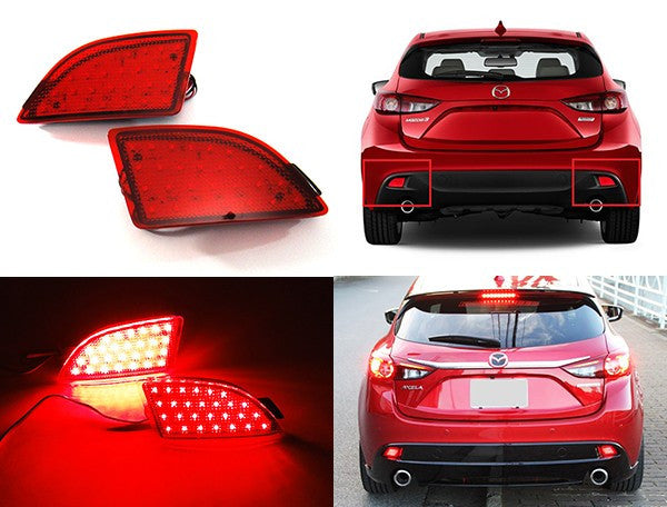 2x LED Bumper Reflector Assembly Red lens Tail Brake Light Red 2014-up Axela Mazda 3 Hatchback 5D