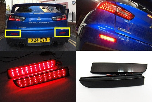 2x LED Bumper Reflector Black Smoked lens Tail Brake Light lamp Red 2008+ Mitsubishi Lancer EVO X