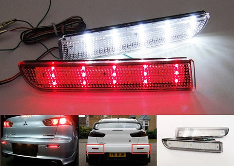 2x LED Bumper Reflector Clear lens Tail Brake Light Red Backup lamp White 2008+ Mitsubishi Lancer EVO X
