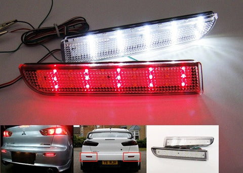 2x LED Bumper Reflector Clear lens Tail Brake Light Red Backup lamp White 2008+ Mitsubishi Lancer EVO X