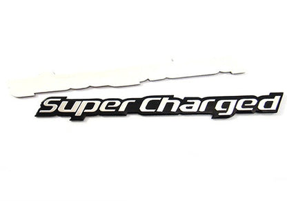 2x SUPERCHARGED aluminium emblem badge sticker chrome ~13x1.2cm