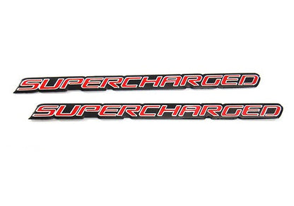 2x SUPERCHARGED aluminium emblem badge sticker red ~17x1cm
