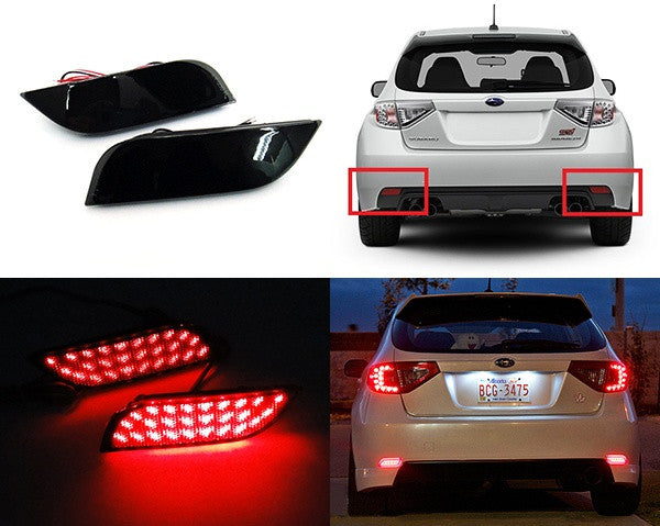 2x LED Bumper Reflector Assembly Black Smoked lens Tail Brake Light Red 2008+ Subaru Impreza