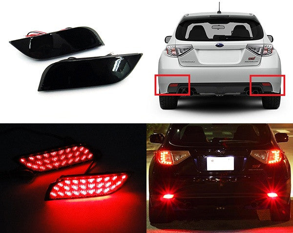 2x LED Bumper Reflector Assembly Black Smoked lens Tail Brake Light Red 2008+ Subaru Impreza