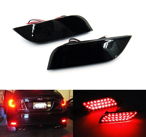 2x LED Bumper Reflector Assembly Black Smoked lens Tail Brake Light Red 2008+ Subaru Impreza